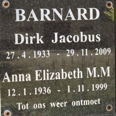 BARNARD Dirk Jacobus 1933-2009 &amp; Anna Elizabeth M.M.1936-1999