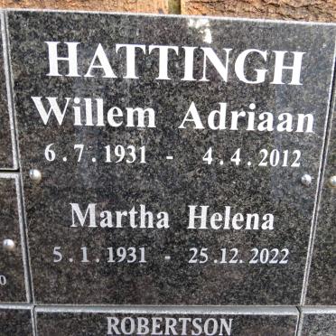 HATTINGH Willem Adriaan 1931-2012 &amp; Martha Helena 1931-2022