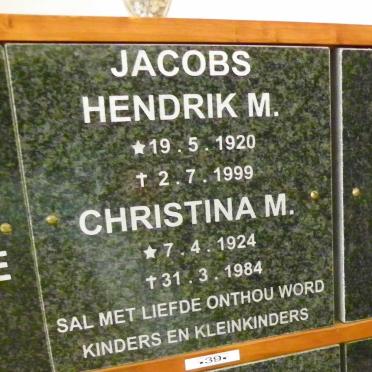 JACOBS Hendrik M. 1920-1999 &amp; Christina M. 1924-1984