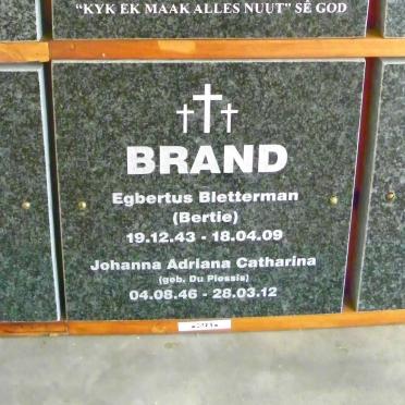 BRAND Egbertus Bletterman 1943-2009 &amp; Johanna Adriana Catharina DU PLESSIS 1946-2012