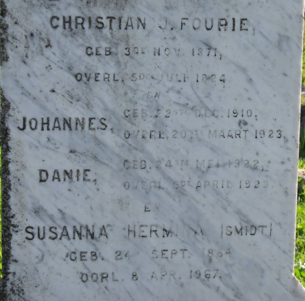 FOURIE Christian J. 1871-1924 &amp; Susanna Hermina SMIDT 1884-1967