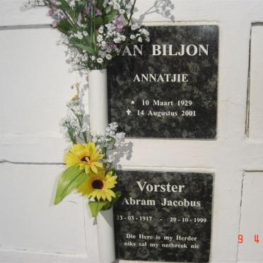 BILJON Annatjie, van 1929-2001 :: VORSTER Abram Jacobus 1917-1999