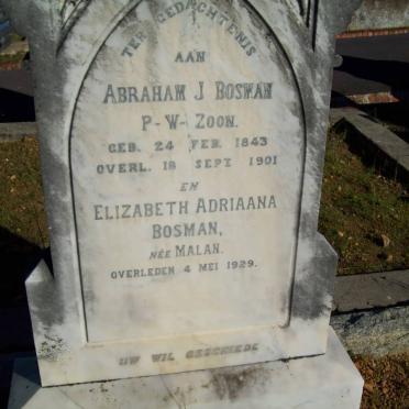 BOSMAN Abraham J. 1843-1901 &amp; Elizabeth Adriaana MALAN -1929