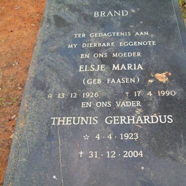 BRAND Theunis Gerhardus 1923-2004 &amp; Elsje Maria FAASEN 1926-1990