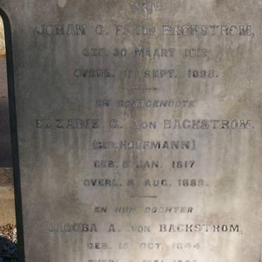 BACKSTROM Johan G.F, von 1812-1898 &amp; Elzabie G. HOFFMANN 1817-1888 :: VON BACKSTROM Jacoba A. 1844-??