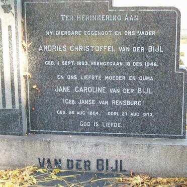 BILJ Andries Christoffel, van der -1946 &amp; Jane Caroline JANSE VAN RENSBURG 1884-1973