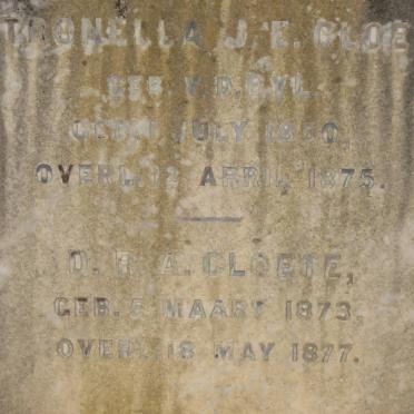CLOETE Petronella J.E. nee V.D. BYL 1850-1875 :: CLOETE D.R.A. 1873-1877