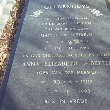 GELDENHUYS Mattheus Lourens 1909-1983 &amp; Anna Elizabeth VAN DER MERWE 1909-1993