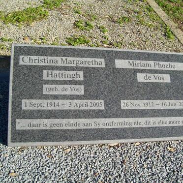 HATTINGH Christina Margaretha nee DE VOS 1914-2005 :: DE VOS Miriam Phoebe 1912-2005