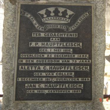 HAUPTFLEISCH F.P. 1816-1895 &amp; Aletta C. VAN COLLER 1817-1889 :: HAUPTFLEISCH Jan C. 1851-1887
