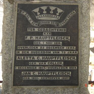 HAUPTFLEISCH F.P. 1816-1895 &amp; Aletta C. VAN COLLER 1817-1889 :: HAUPTFLEISCH Jan C. 1851-1887