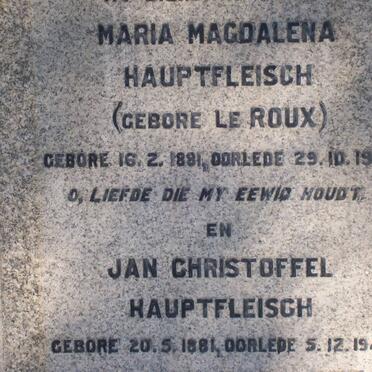 HAUPTFLEISCH Jan Christoffel 1881-1943 &amp; Maria Magdalena LE ROUX 1881-1942
