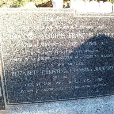 JOUBERT Johannes Jakobus Francois 1879-1951 &amp; Elizabeth Christina Fransina DU TOIT 1886-1956