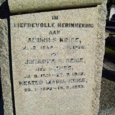 KRIGE Andries 1859-1930 &amp; Johanna R. SMUTS 1861-1922 :: KRIGE Hester Maria 1882-1933