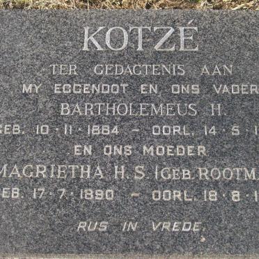 KOTZE Bartholemeus H. 1884-1965 &amp; Magrietha H.S. ROOTMAN 1890-1974