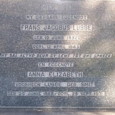 LUBBE Frans Jacobus 1892-1945 &amp; Anna Elizabeth SMIT 1888-1971