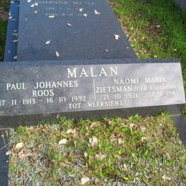 MALAN Paul Johannes Roos 1913-1992 &amp; Naomi Maria Zietssman ROOTHMAN 1921-1985