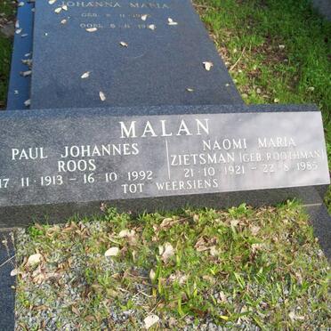 MALAN Paul Johannes Roos 1913-1992 &amp; Naomi Maria Zietssman ROOTHMAN 1921-1985