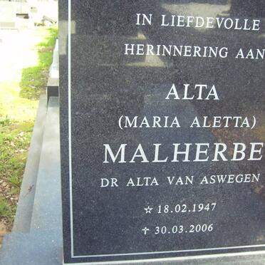 MALHERBE Maria Aletta nee VAN ASWEGEN 1947-2006
