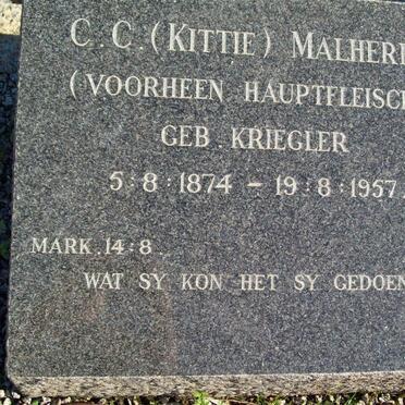 MALHERBE C.C. previously HAUPTFLEISCH nee KRIEGLER 1874-1957
