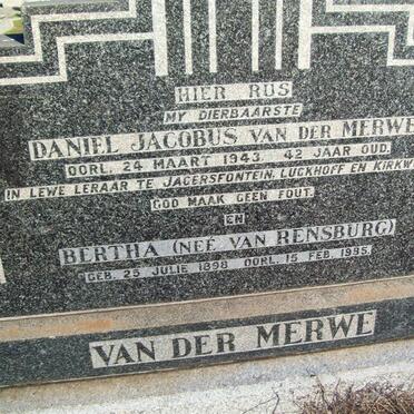 MERWE Daniel Jacobus, van der -1943 &amp; Bertha VAN RENSBURG 1898-1985