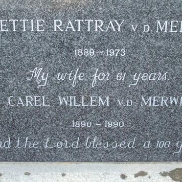 MERWE Carel Willem, v.d. 1890-1990 &amp; Hettie Rattray 1889-1973