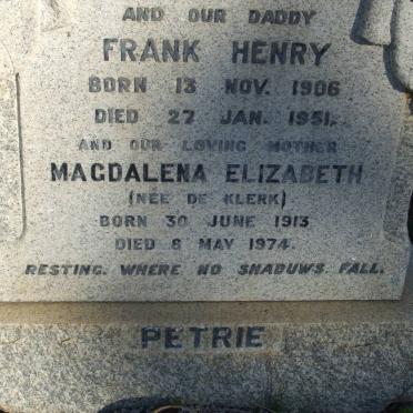 PETRIE Frank Henry 1906-1951 &amp; Magdalena Elizabeth DE KLERK 1913-1974