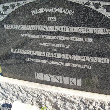 REYNEKE Johannes Adam 1890-1960 &amp; Jacoba Paulina 1893-1955
