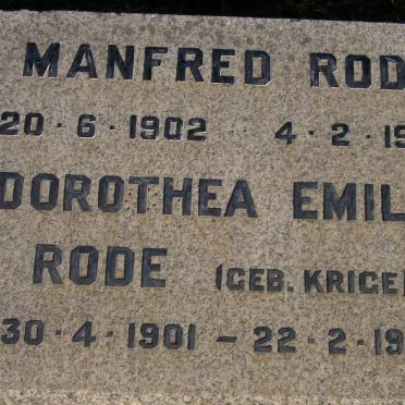 RODE Manfred 1902-1980 &amp; Dorothea Emilia KRIGE 1901-1990