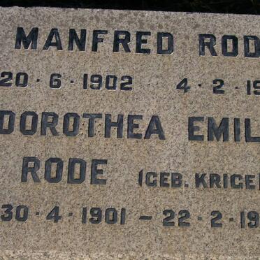 RODE Manfred 1902-1980 &amp; Dorothea Emilia KRIGE 1901-1990