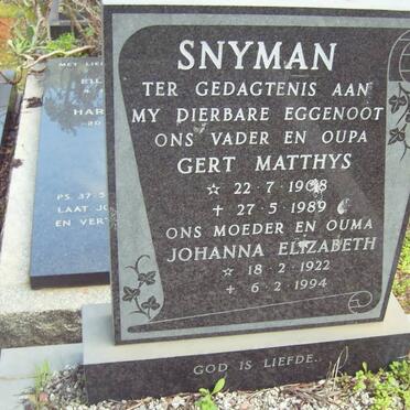 SNYMAN Gert Matthys 1908-1989 &amp; Johanna Elizabeth 1922-1994