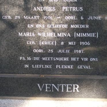VENTER Andries Petrus 1901-1965 &amp; Maria Wilhelmina KRIGE 1906-1987