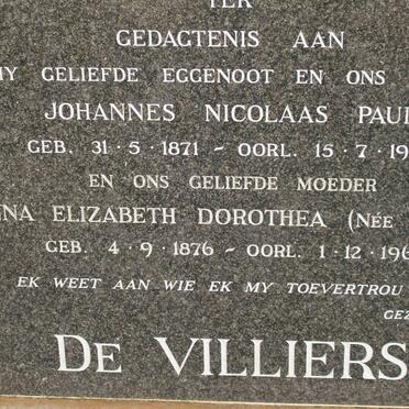 VILLIERS Johannes Nicolaas Paul, de 1871-1965 & Anna Elizabeth Dorothea MARAIS 1876-1967