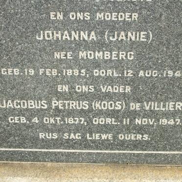 VILLIERS Jacobus Petrus, de 1877-1947 & Johanna MOMBERG 1885-1945
