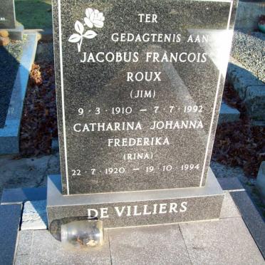 VILLIERS Jacobus Francois Roux, de 1910-1992 &amp; Catharina Johanna Frederika 1920-1994