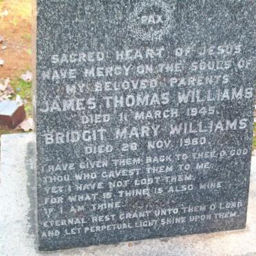WILLIAMS James Thomas -1945 &amp; Bridget Mary -1960