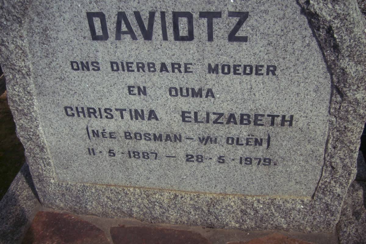 DAVIDTZ Christina Elizabeth nee BOSMAN voorheen OLëN 1887-1979