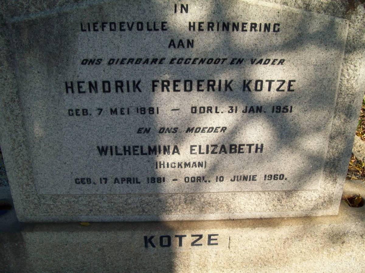 KOTZE Hendrik Frederik 1881-1951 &amp; Wilhelmina Elizabeth HICKMAN 1881-1960