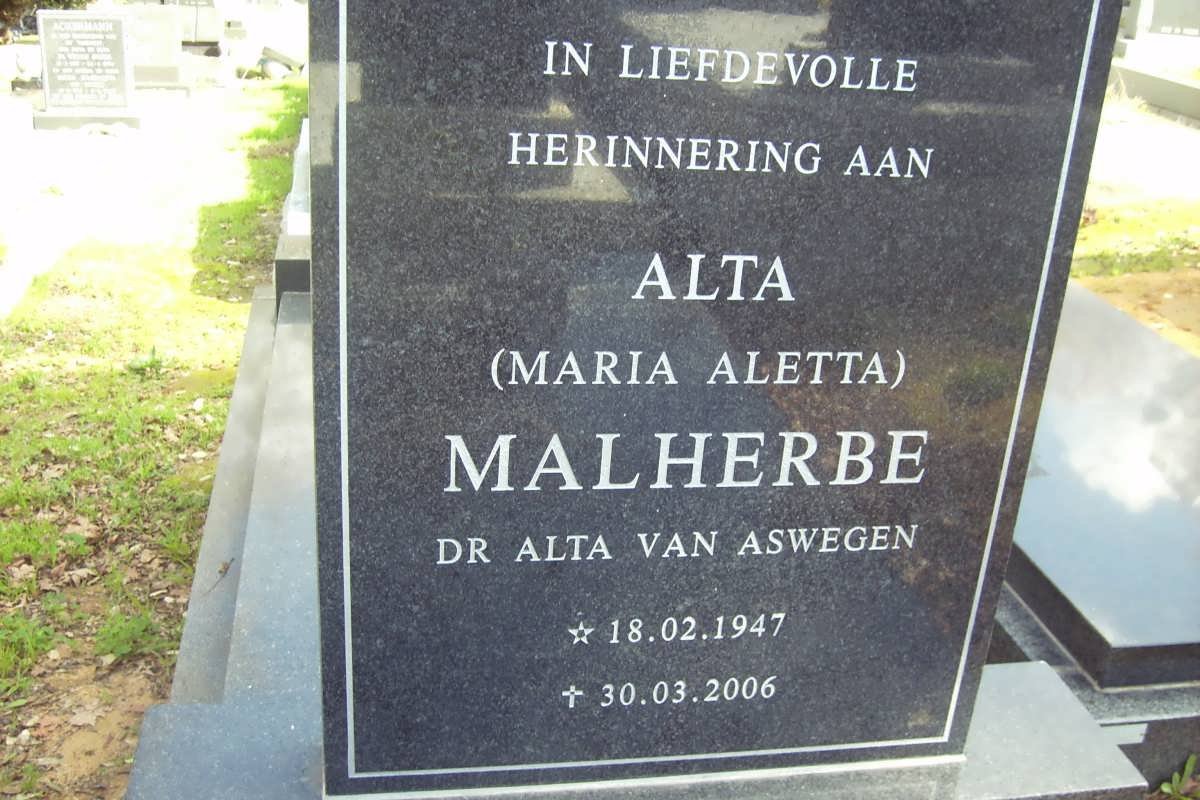 MALHERBE Maria Aletta nee VAN ASWEGEN 1947-2006