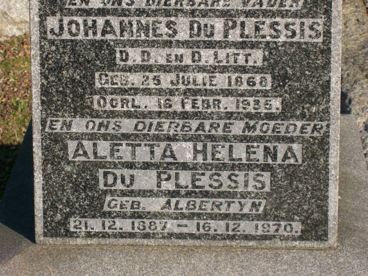 PLESSIS Johannes, du 1868-1935 &amp; Aletta Helena ALBERTYN 1887-1970