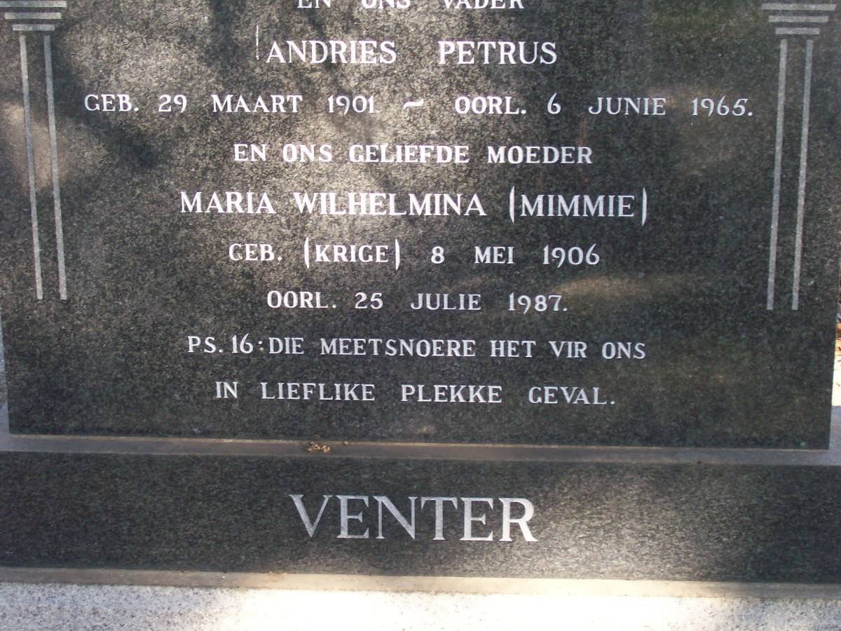 VENTER Andries Petrus 1901-1965 &amp; Maria Wilhelmina KRIGE 1906-1987