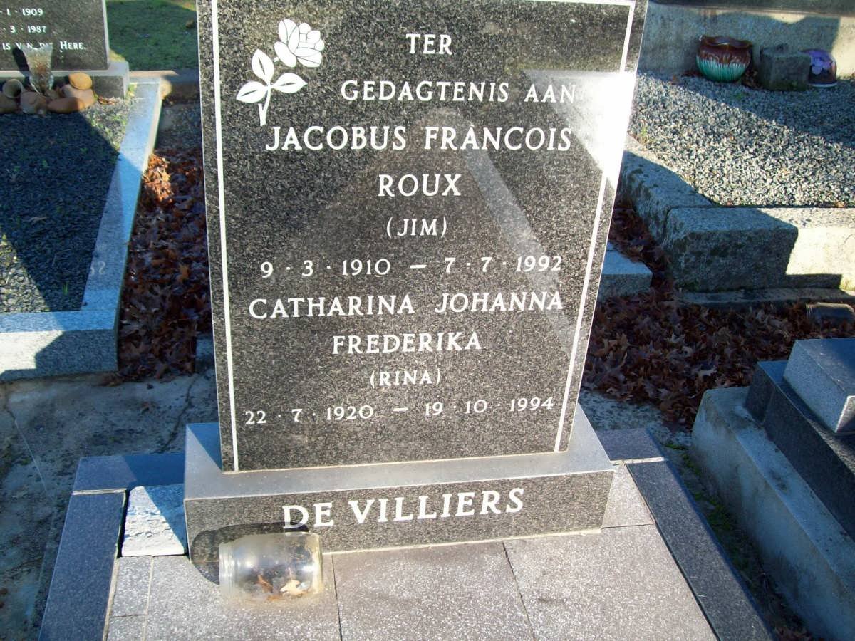 VILLIERS Jacobus Francois Roux, de 1910-1992 &amp; Catharina Johanna Frederika 1920-1994