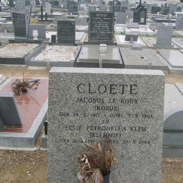 CLOETE Jacobus Le Roux 1913-1983 &amp; Elsje Petronella KLEM 1911-1994