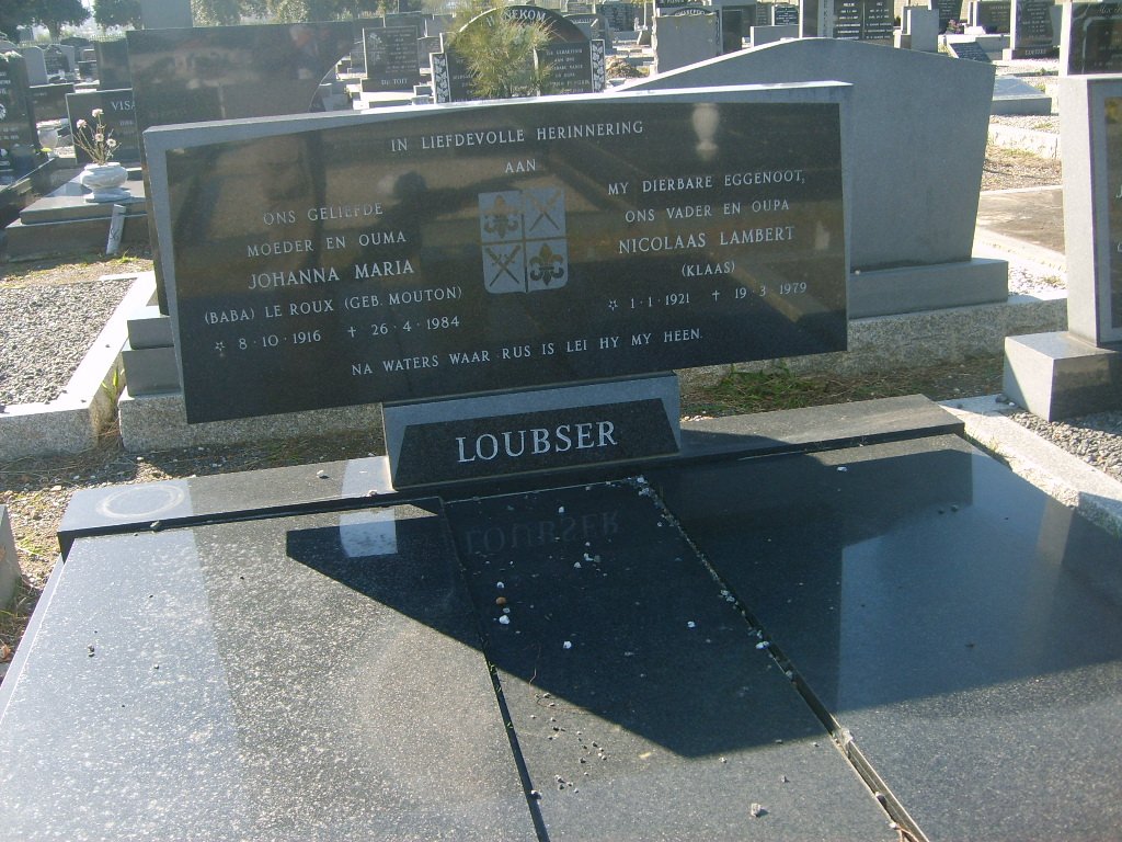 LOUBSER Nicolaas Lambert 1921-1979 &amp; Johanna Maria le Roux MOUTON 1916-1984