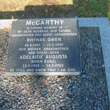 McCARTHY Rhynas Owen 1921-2000 &amp; Adelaide Augusta KUNZ 1929-2002