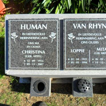 HUMAN Christina nee APPEL 1915-2007 :: RHYN Loppie, van 1921-1994 &amp; Mita BRINK 1923-2008