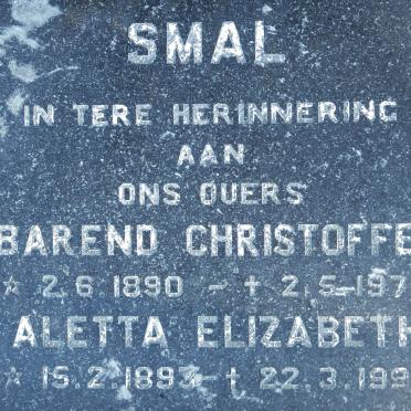 SMAL Barend Christoffel 1890-1979 &amp; Aletta Elizabeth 1893-1992