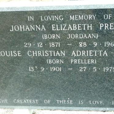 PRELLER Johanna Elizabeth nee JORDAAN 1871-1966 :: MEINTJES Louise Christian Adrietta nee PRELLER 1901-1975