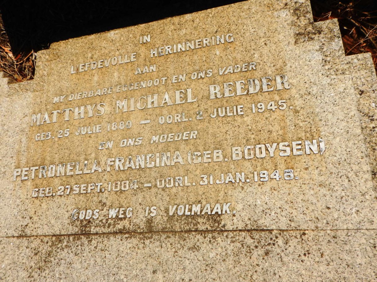 REEDER Matthys Michael 1880-1945 &amp; Petronella Francina BOOYSEN 1884-1948