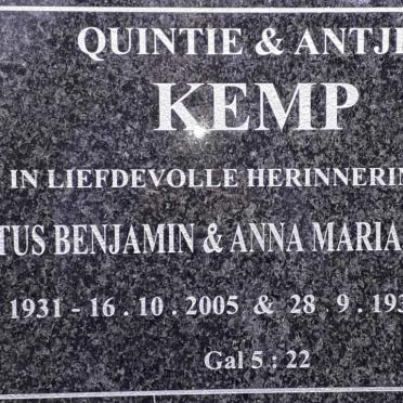 KEMP Quintus Benjamin 1931-2005 &amp; Anna Maria Elizabetha 1932-2015